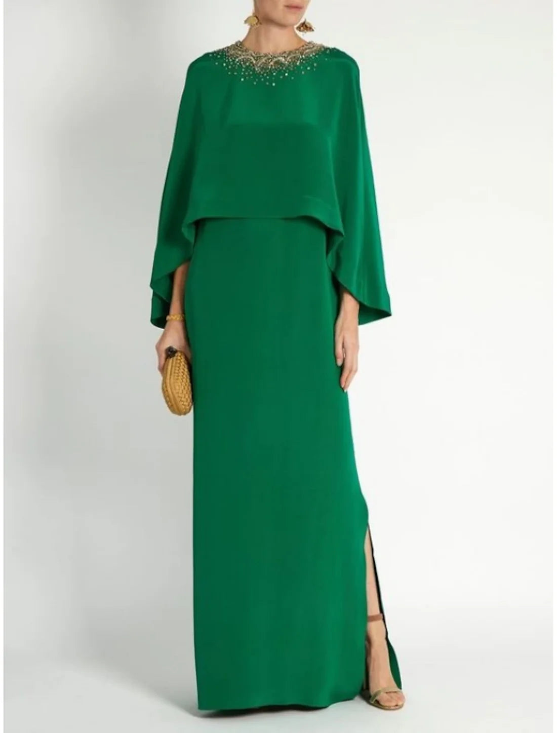 Luolandi Sheath / Column Mother of the Bride Dress Formal Elegant Party Jewel Neck Ankle Length Chiffon Long Sleeve with Sequin Split