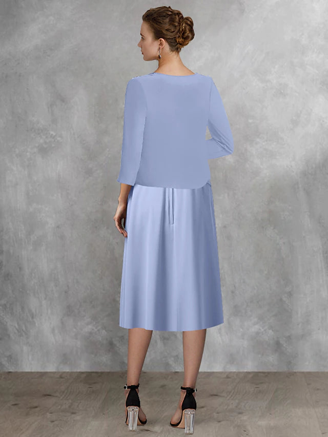 Luolandi Two Piece A-Line Mother of the Bride Dress Wedding Guest Elegant Square Neck Tea Length Chiffon Lace Half Sleeve Wrap Included with Appliques