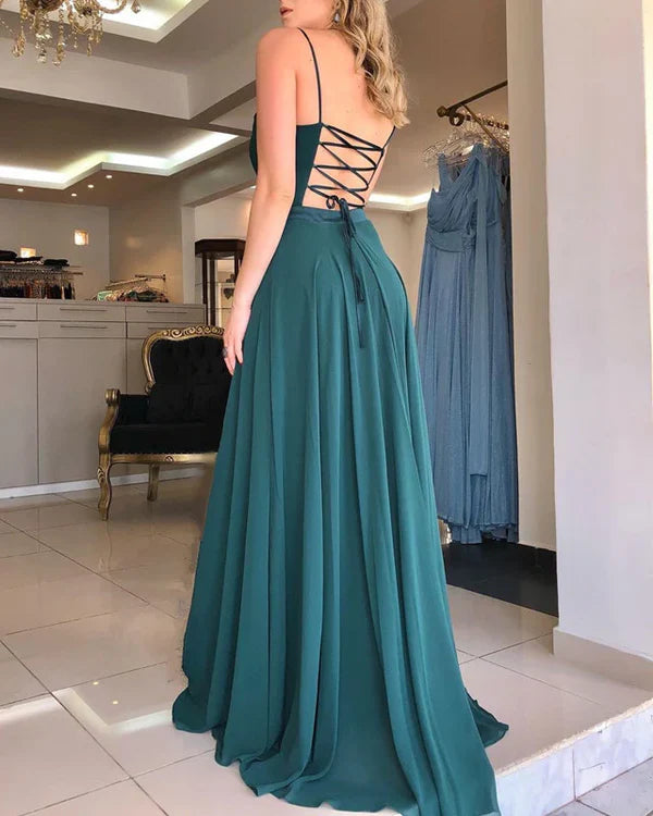 Luolandi Plunge Neck Open Back Chiffon Split Dresses Prom Dresses With Lace Up Back Party Dress