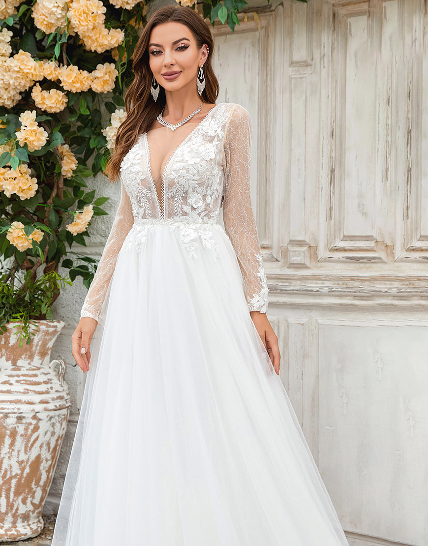 Luolandi Deep V-Neck Ivory Tulle Sweep Train Wedding Dress with Lace Open Back Sexy