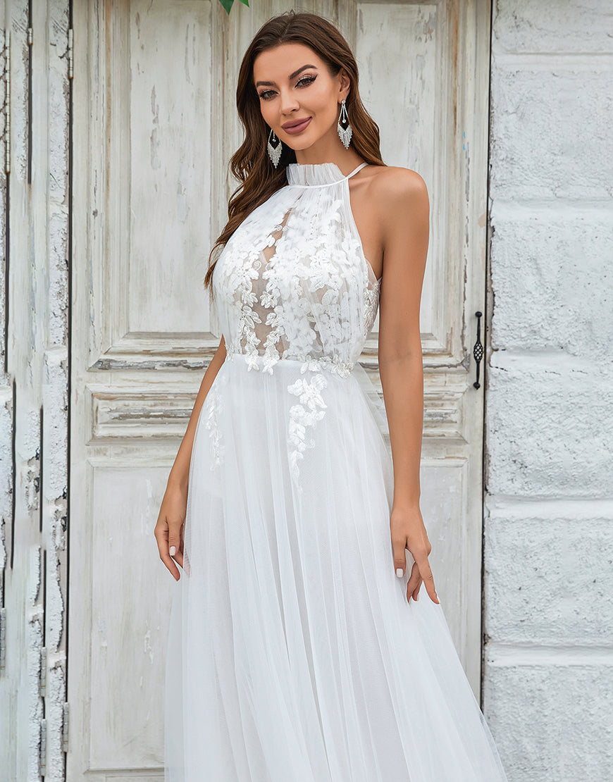 Luolandi Ivory Open Back Tulle Sweep Train Wedding Dress with Lace Beautiful