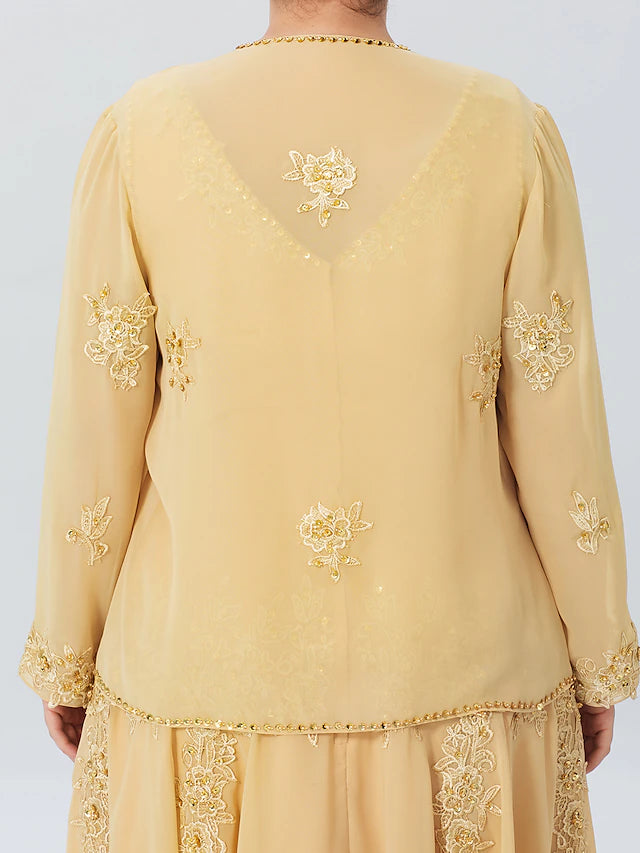 Luolandi A-Line Mother of the Bride Dress Formal Plus Size Elegant High Low V Neck Asymmetrical Chiffon Beaded Lace Long Sleeve Wrap Included with Beading