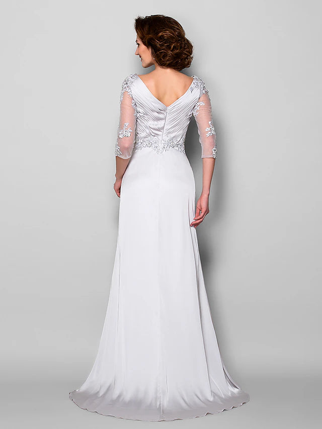 Luolandi A-Line Mother of the Bride Dress V Neck Sweep / Brush Train Satin Chiffon 3/4 Length Sleeve with Criss Cross Beading