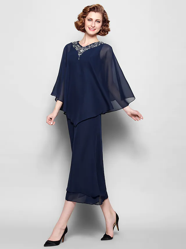 Luolandi Mother of the Bride Dress V Neck Tea Length Chiffon 3/4 Length Sleeve with Crystals Beading Dark Navy