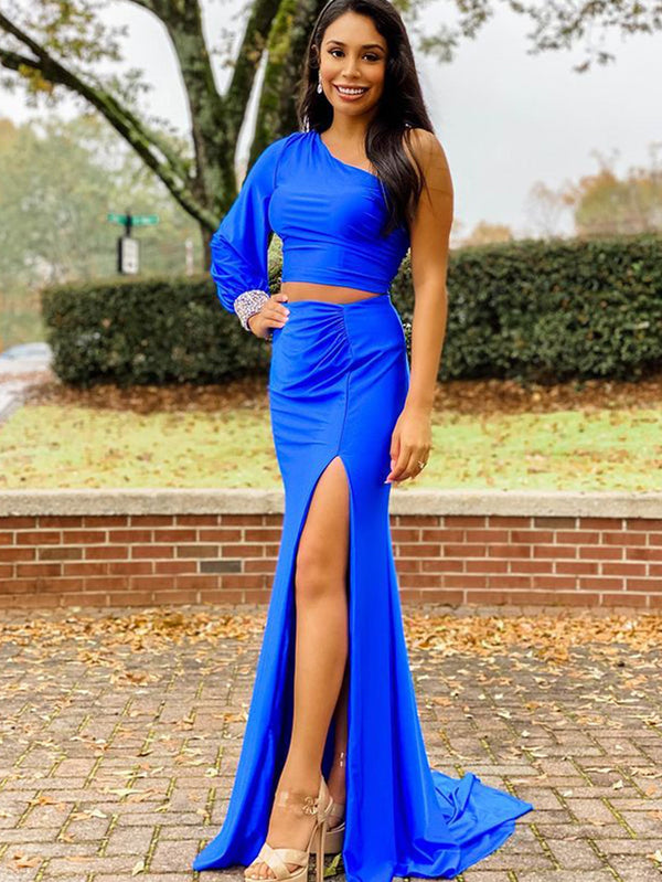 Luolandi Satin Mermaid One Shoulder Two Pieces Set Black Long Prom Dress Evening Dress With Slit