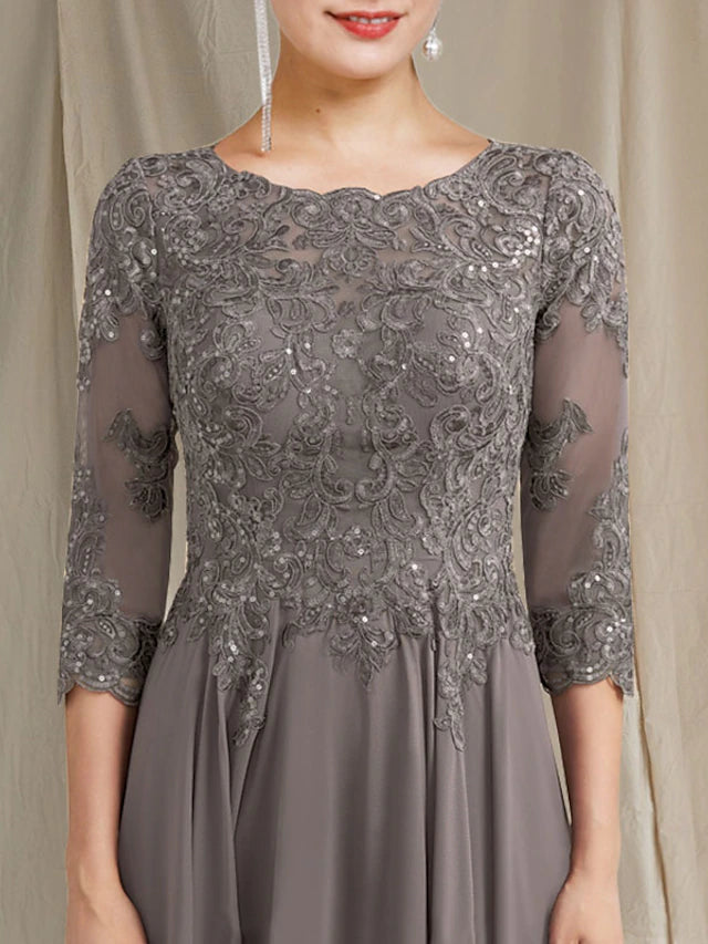 Luolandi Sheath / Column Mother of the Bride Dress Plus Size Elegant Jewel Neck Floor Length Chiffon Lace 3/4 Length Sleeve with Pleats