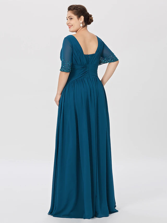 Luolandi Ball Gown A-Line Mother of the Bride Dress Formal Classic & Timeless Elegant & Luxurious Plus Size Square Neck Floor Length Chiffon Short Sleeve No with Pleats