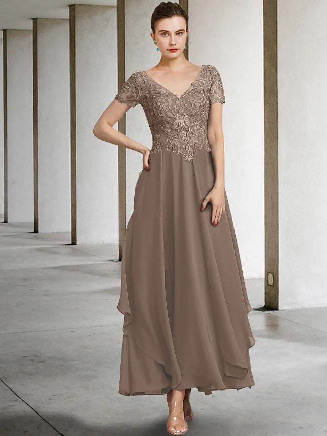 Luolandi A-Line Mother of the Bride Dress Plus Size Elegant V Neck Ankle Length Chiffon Lace Short Sleeve