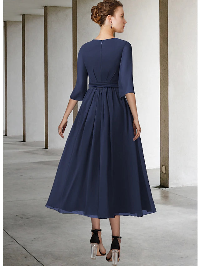 Luolandi A-Line Mother of the Bride Dress Elegant Jewel Neck Tea Length Chiffon Half Sleeve with Sash / Ribbon Bow(s)