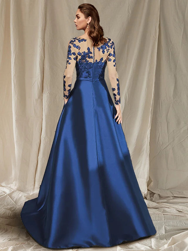 Luolandi A-Line Mother of the Bride Dress Plus Size Elegant V Neck Floor Length Satin Lace Tulle Long Sleeve with Appliques Split