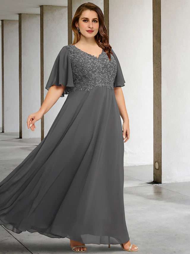 Luolandi A-Line Plus Size Curve Mother of the Bride Dresses Elegant Dress Formal Floor Length Short Sleeve V Neck Chiffon with Pleats