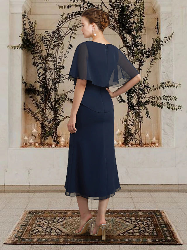 Luolandi A-Line Mother of the Bride Dress Plus Size Elegant Jewel Neck Tea Length Chiffon Sleeveless