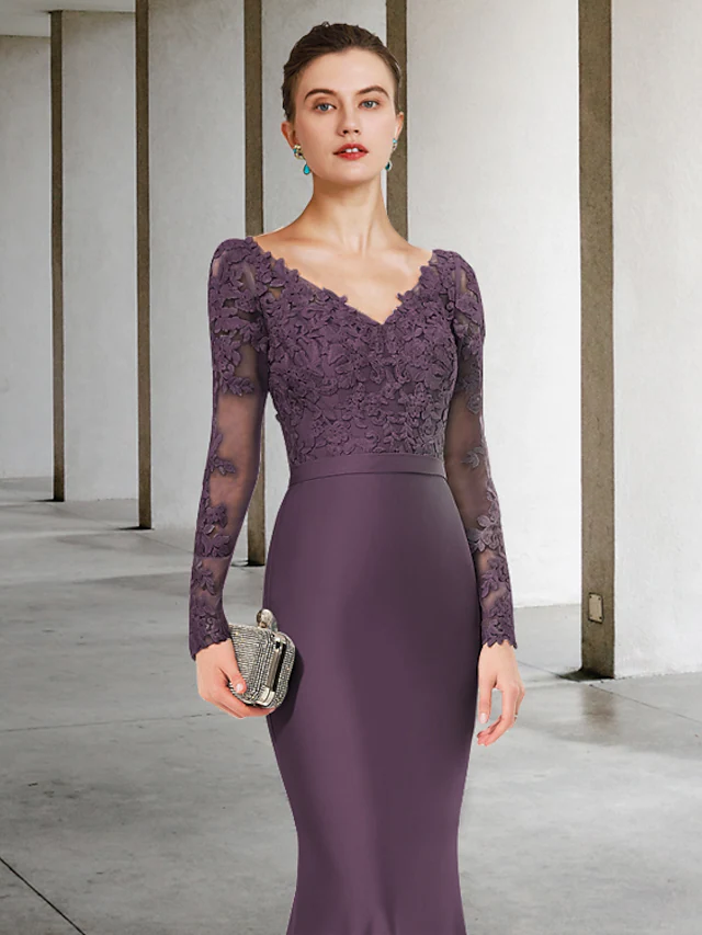 Luolandi Mother of the Bride Dress Elegant V Neck Chiffon Lace Long Sleeve with Appliques Beautiful