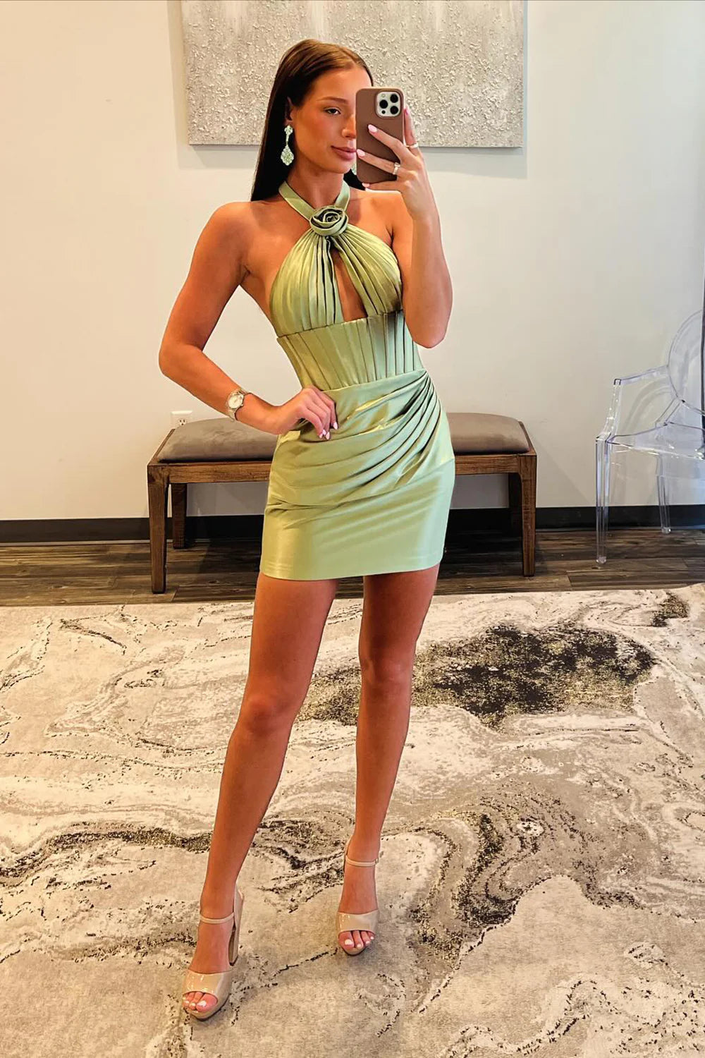 Luolandi Green Halter Flower Tight Homecoming Dress Short Sexy