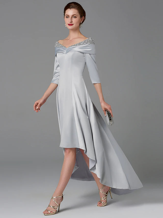 Luolandi A-Line Mother of the Bride Dress Sparkle & Shine High Low Off Shoulder Asymmetrical Satin Half-Sleeve with Lace