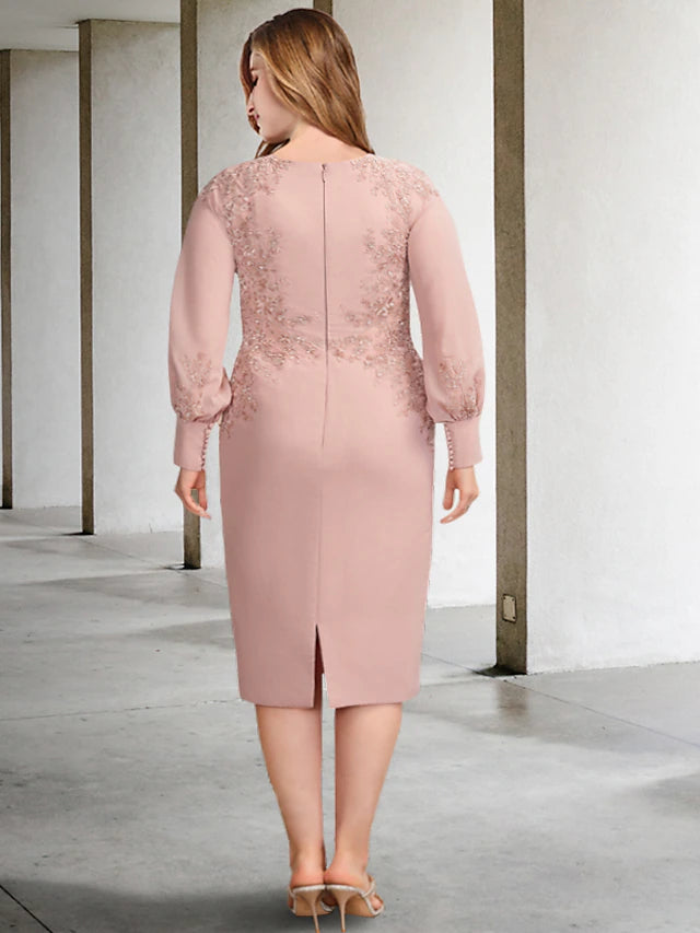 Luolandi Sheath / Column Plus Size Curve Mother of the Bride Dresses Elegant Dress Formal Tea Length Long Sleeve Jewel Neck Chiffon