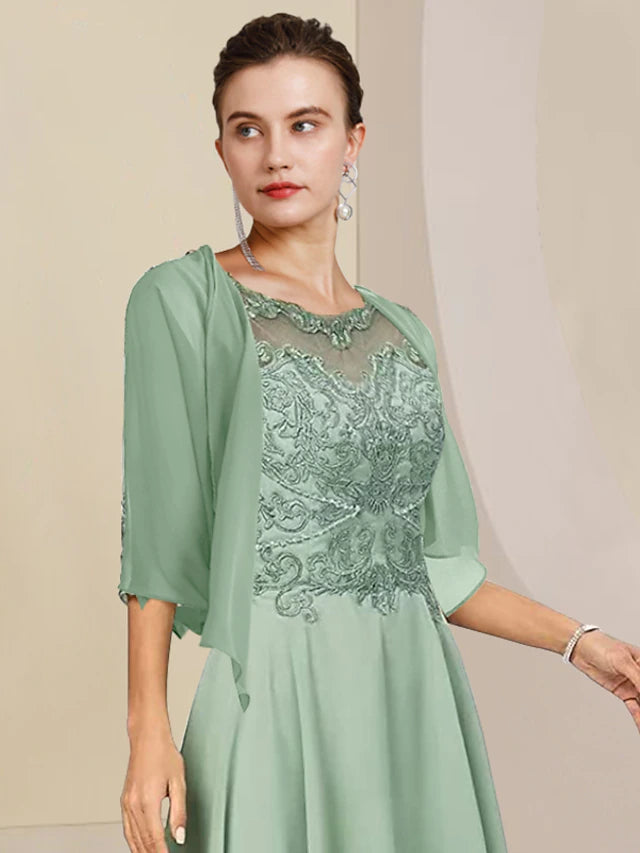 Luolandi Two Piece A-Line Mother of the Bride Dress Formal Wedding Guest Elegant High Low Scoop Neck Asymmetrical Tea Length Chiffon Lace Half Sleeve Wrap Included with Beading