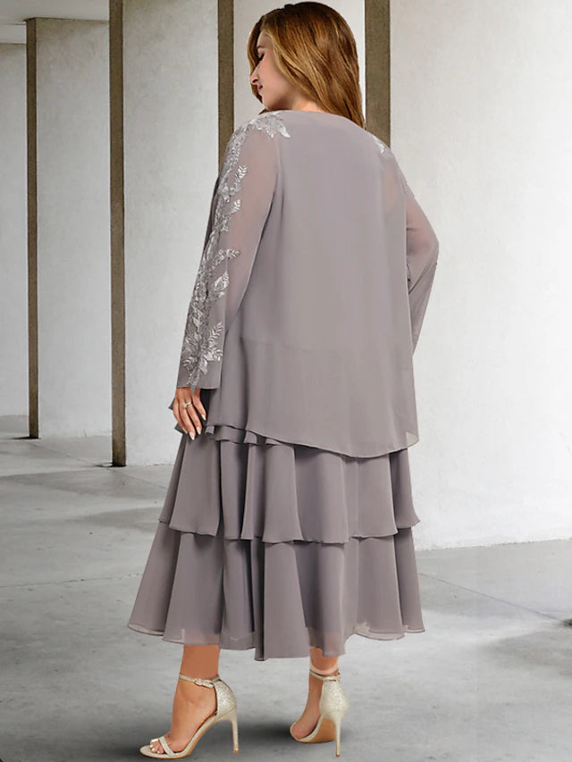 Luolandi Two Piece A-Line Plus Size Curve Mother of the Bride Dresses Elegant Dress Formal Tea Length Sleeveless Jewel Neck Chiffon with Appliques