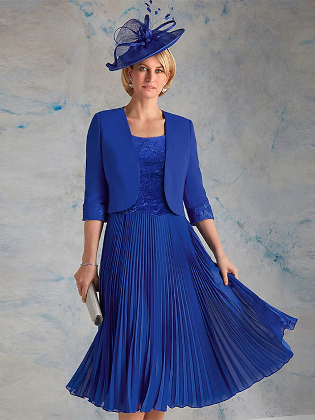 Luolandi Two Piece Mother of the Bride Dress Church Elegant & Luxurious Scoop Neck Tea Length Chiffon 3/4 Length Sleeve Short Jacket Dresses