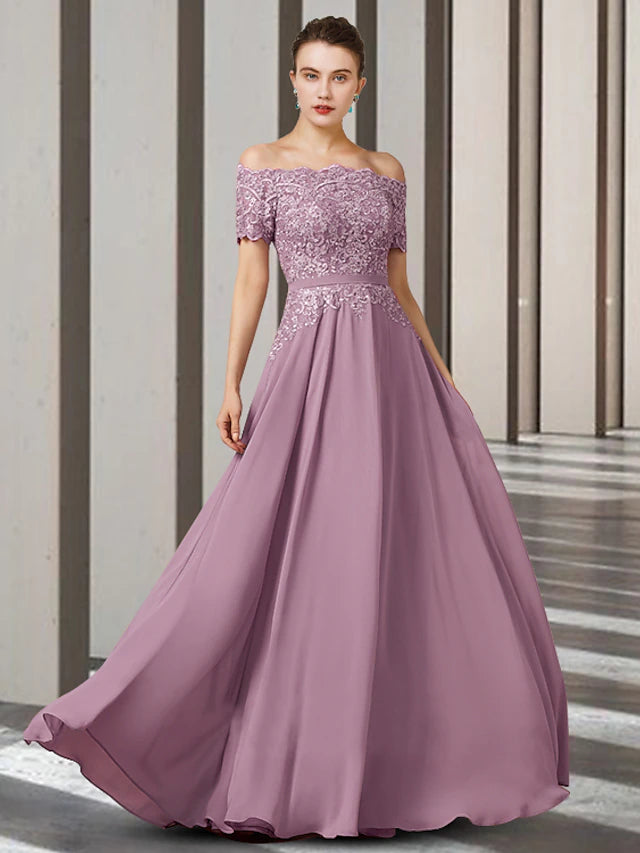 Luolandi A-Line Mother of the Bride Dress Elegant Off Shoulder Floor Length Chiffon Lace Short Sleeve
