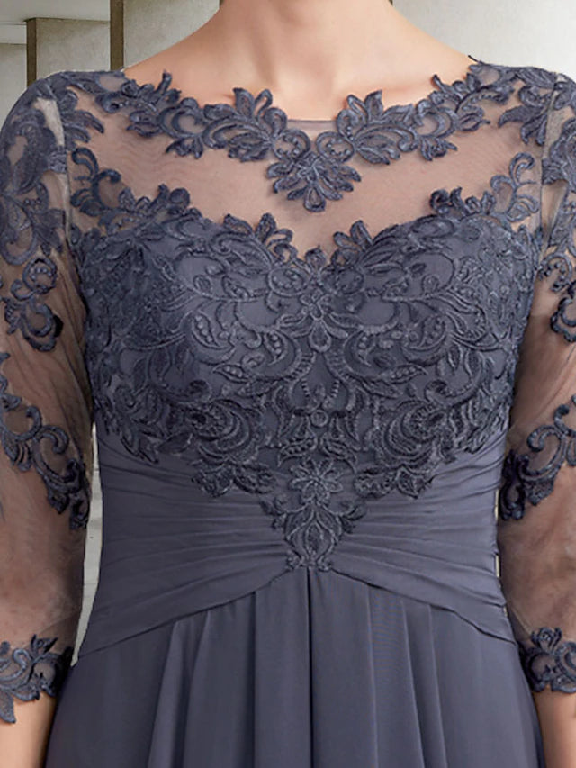Luolandi Sheath / Column Mother of the Bride Dress Elegant Jewel Neck Floor Length Chiffon Lace 3/4 Length Sleeve with Appliques