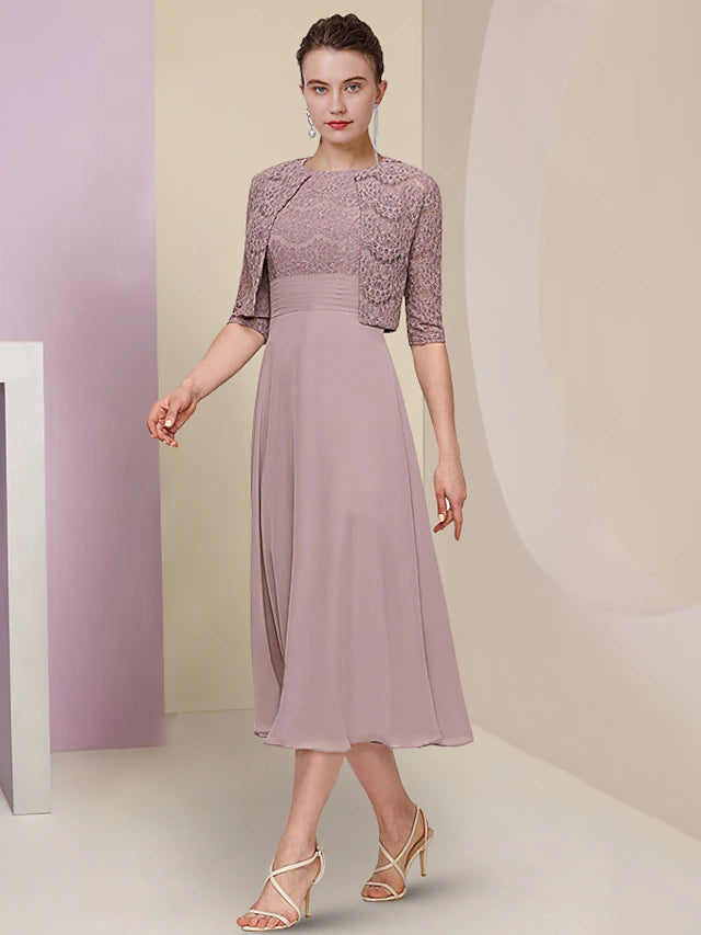 Luolandi Two Piece Mother of the Bride Dress Wedding Guest Church Elegant Jewel Neck Tea Length Chiffon Lace Half Sleeve