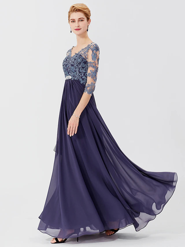 Luolandi Ball Gown A-Line Mother of the Bride Dress Formal Plus Size Elegant V Neck Floor Length Chiffon Sheer Lace 3/4 Length Sleeve with Appliques
