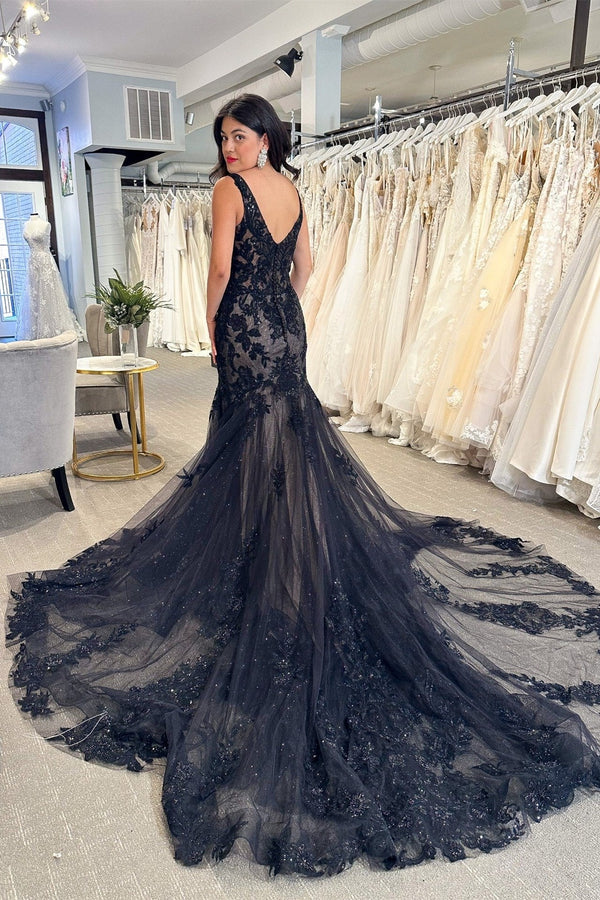 Luolandi Black Tulle Appliques V-Neck Trumpet Long Wedding Dress Sexy