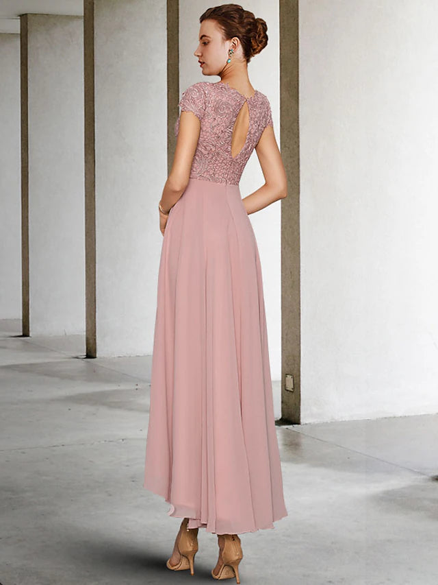 Luolandi A-Line Mother of the Bride Dress Elegant High Low Jewel Neck Asymmetrical Tea Length Chiffon Lace Cap Sleeve with Appliques
