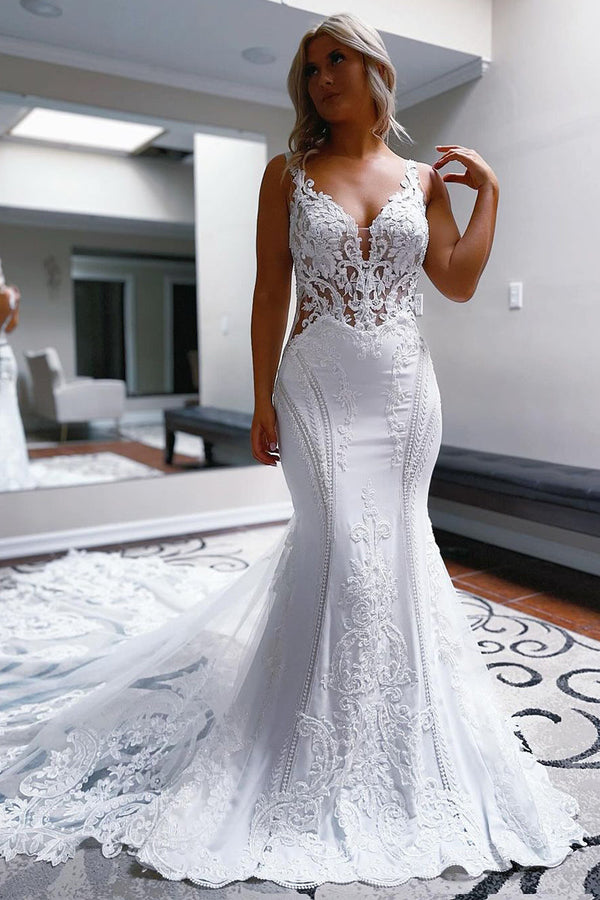 Luolandi Mermaid V Neck Satin Lace Wedding Dresses Beautiful