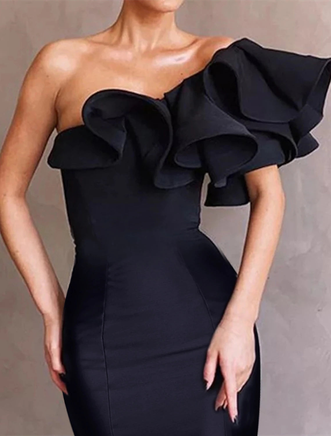 Luolandi Mermaid Black Dress Evening Gown Corsets Dress Formal Wedding Guest Floor Length Sleeveless One Shoulder Taffeta with Ruffles