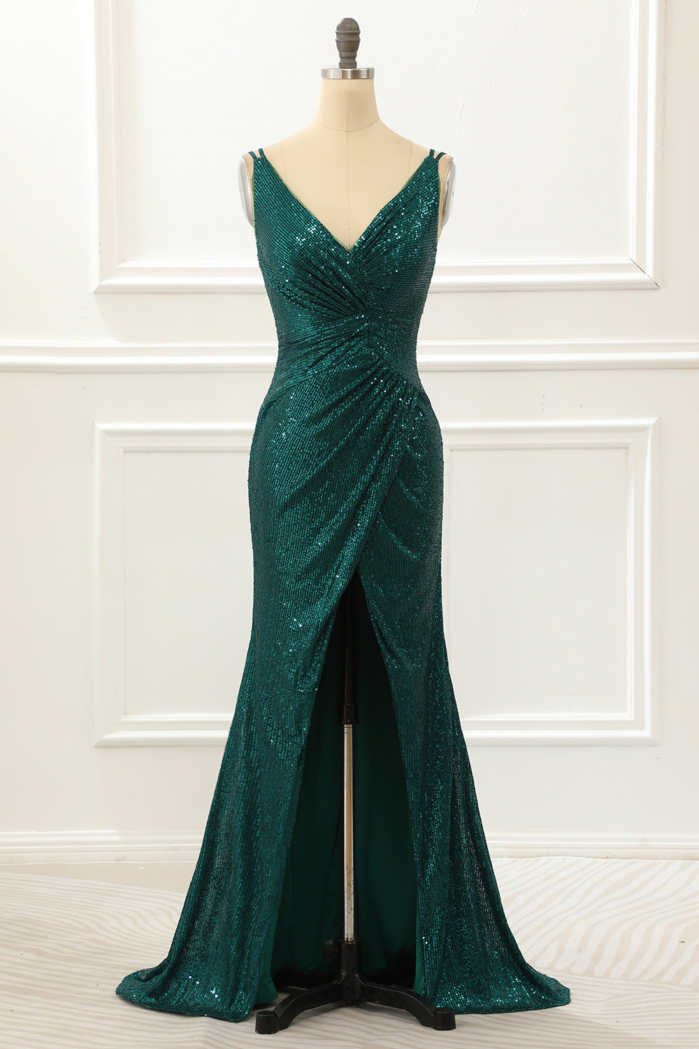 Luolandi Dark Green Spaghetti Straps Saprkly Prom Dress With Slit V-neck Evening Dress