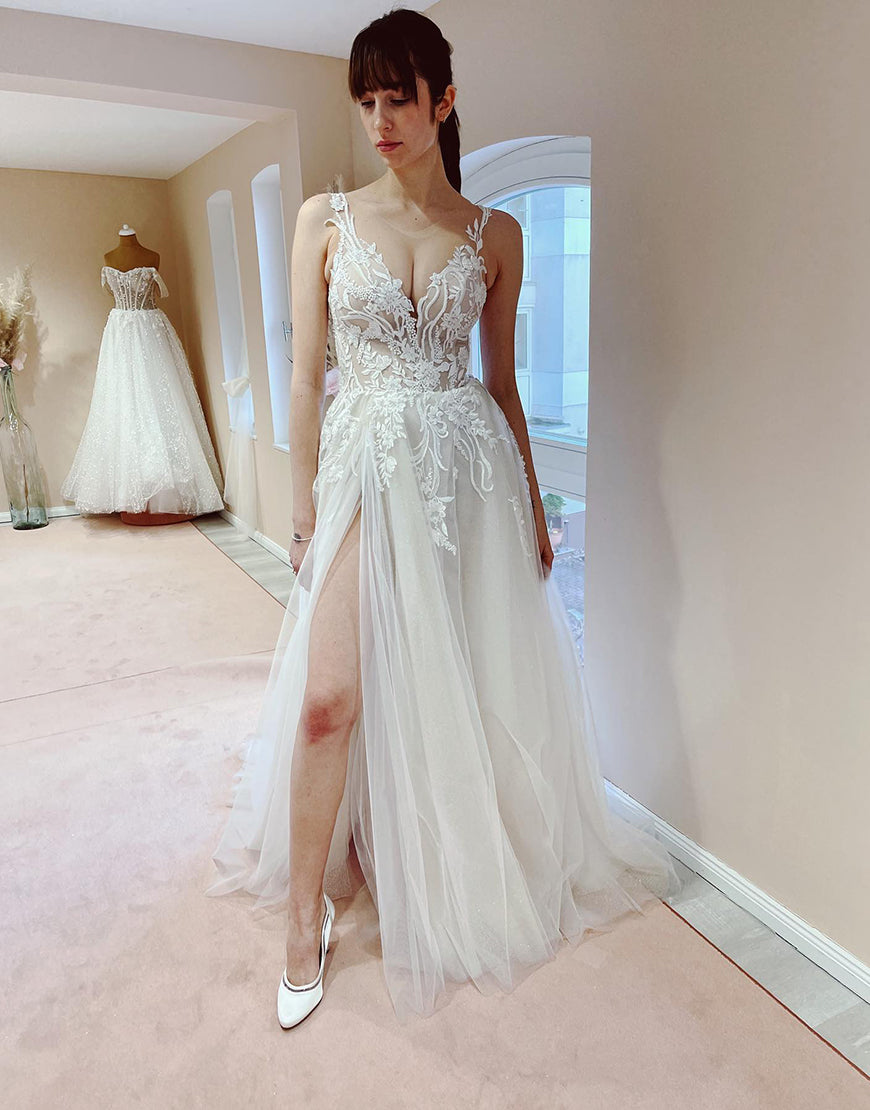 Luolandi A Line Sleeveless Bridal Dress With Slit Wedding Dresses Beautiful Sexy