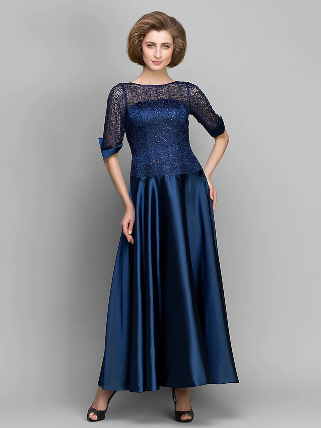 Luolandi A-Line Mother of the Bride Dress See Through Bateau Neck Ankle Length Satin Half Sleeve with Lace