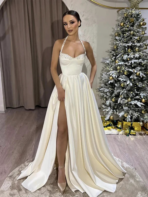 Luolandi A-Line Sweetheart Neck Satin Beads Beige Long Prom Dress Evening Dress With Slit Sexy