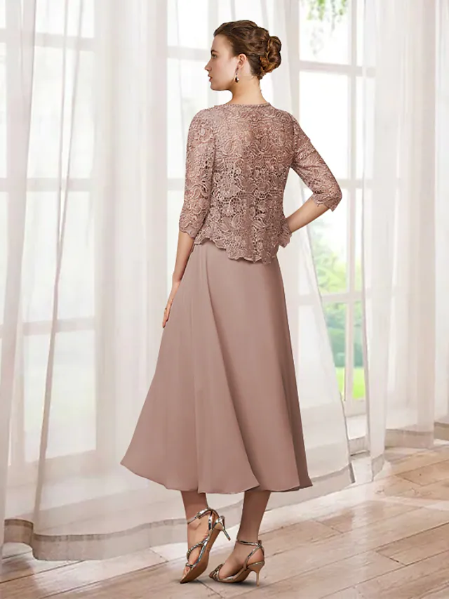 Luolandi Two Piece A-Line Mother of the Bride Dress Elegant Jewel Neck Tea Length Chiffon Lace Half Sleeve with Appliques Dusty Rose