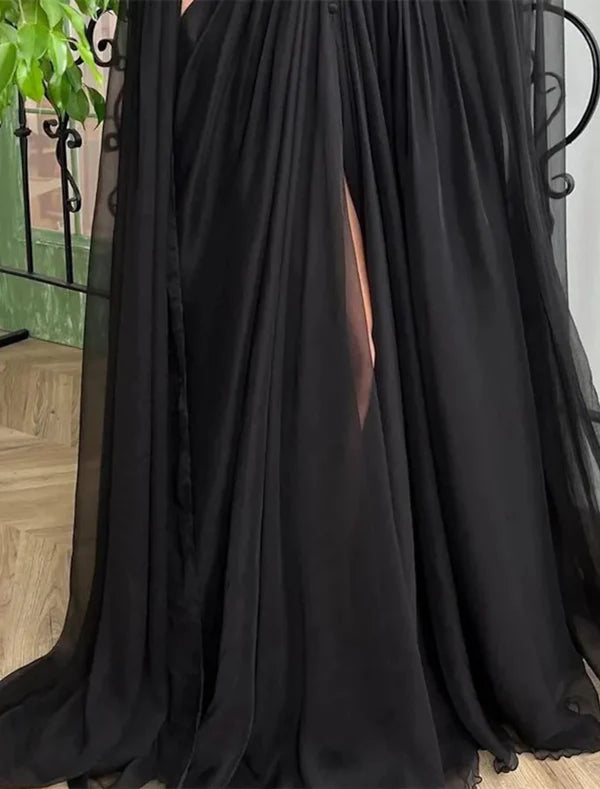 Luolandi A-Line Evening Gown Black Dress Plus Size Formal Masquerade Court Train Long Sleeve V Neck Wednesday Addams Family Chiffon with Buttons Slit