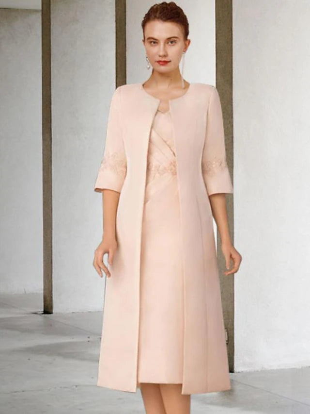 Luolandi Two Piece Sheath / Column Mother of the Bride Dress Church Elegant V Neck Knee Length Lace Chiffon Short Sleeve Jacket Dresses with Appliques