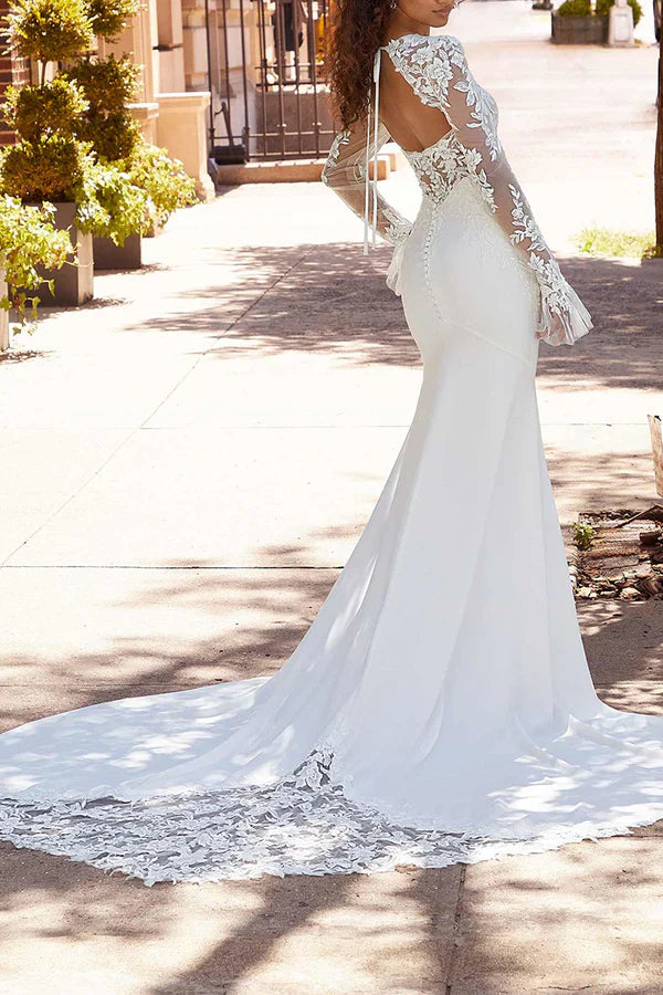 Luolandi Fishtail Wedding Dress Square Neck Long Sleeve Bohemian Style Wedding Dress Beautiful