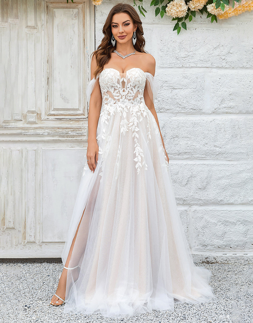 Luolandi Beauty A Line Off the Shoulder Champagne Tulle Detachable Wedding Dress with Lace With Slit