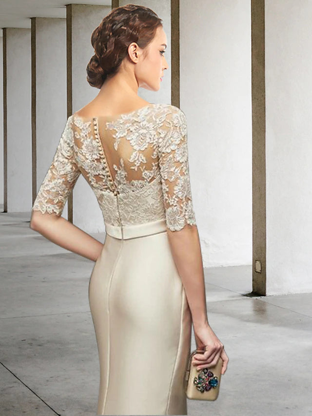 Luolandi Mermaid / Trumpet Mother of the Bride Dress Elegant Jewel Neck Knee Length Satin Lace Half Sleeve with Bow(s)