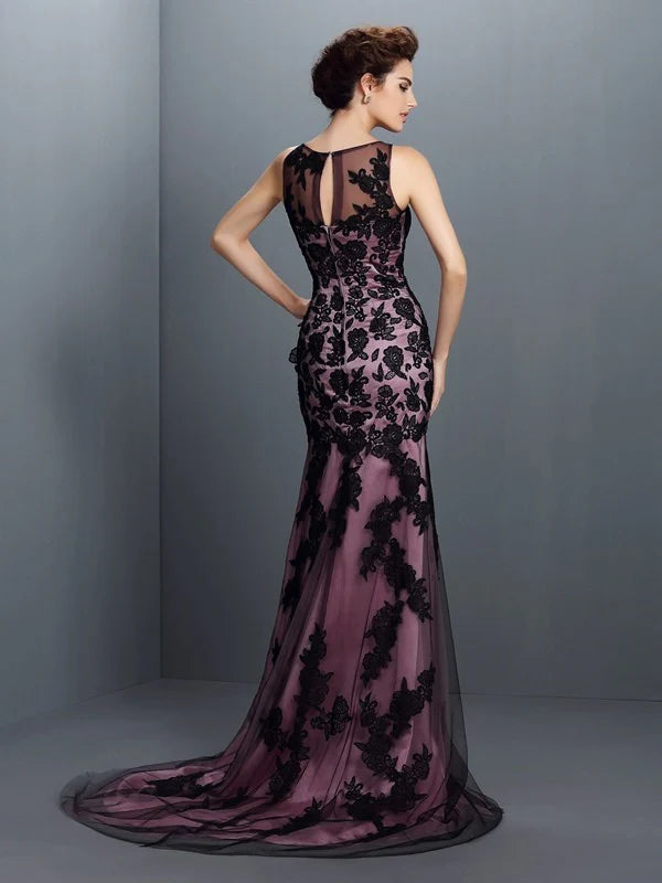 Luolandi Trumpet/Mermaid Bateau Applique Sleeveless Long Woven Satin Dresses Evening Dresses