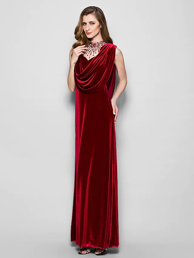 Luolandi Mother of the Bride Dress Cowl Neck Floor Length Velvet Sleeveless with Crystals Beading Burgundy