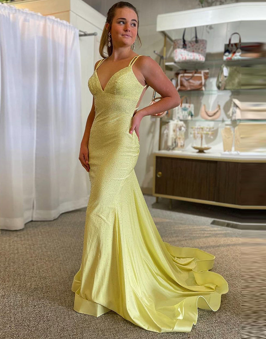 Luolandi Lavender Mermaid Open Back Prom Dress V-neck Floor Length Sparkly Evening Dress With Beading