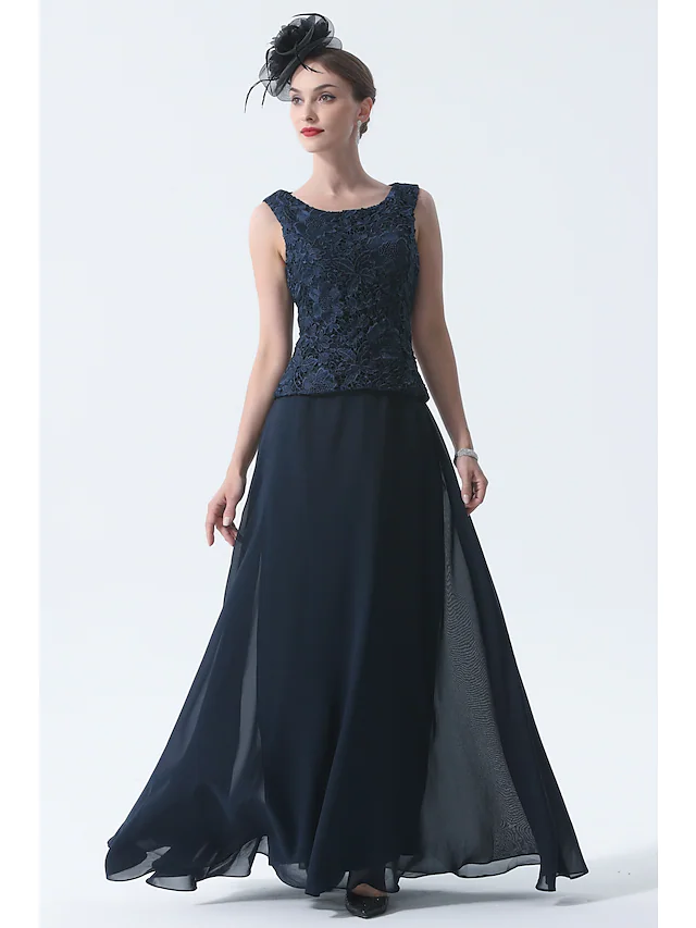Luolandi Two Piece A-Line Mother of the Bride Dress Elegant Square Neck Floor Length Chiffon 3/4 Length Sleeve Dark Navy
