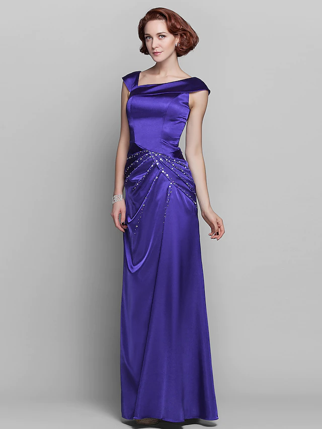 Luolandi Mother of the Bride Dress Elegant Off Shoulder Floor Length Satin Sleeveless with Beading
