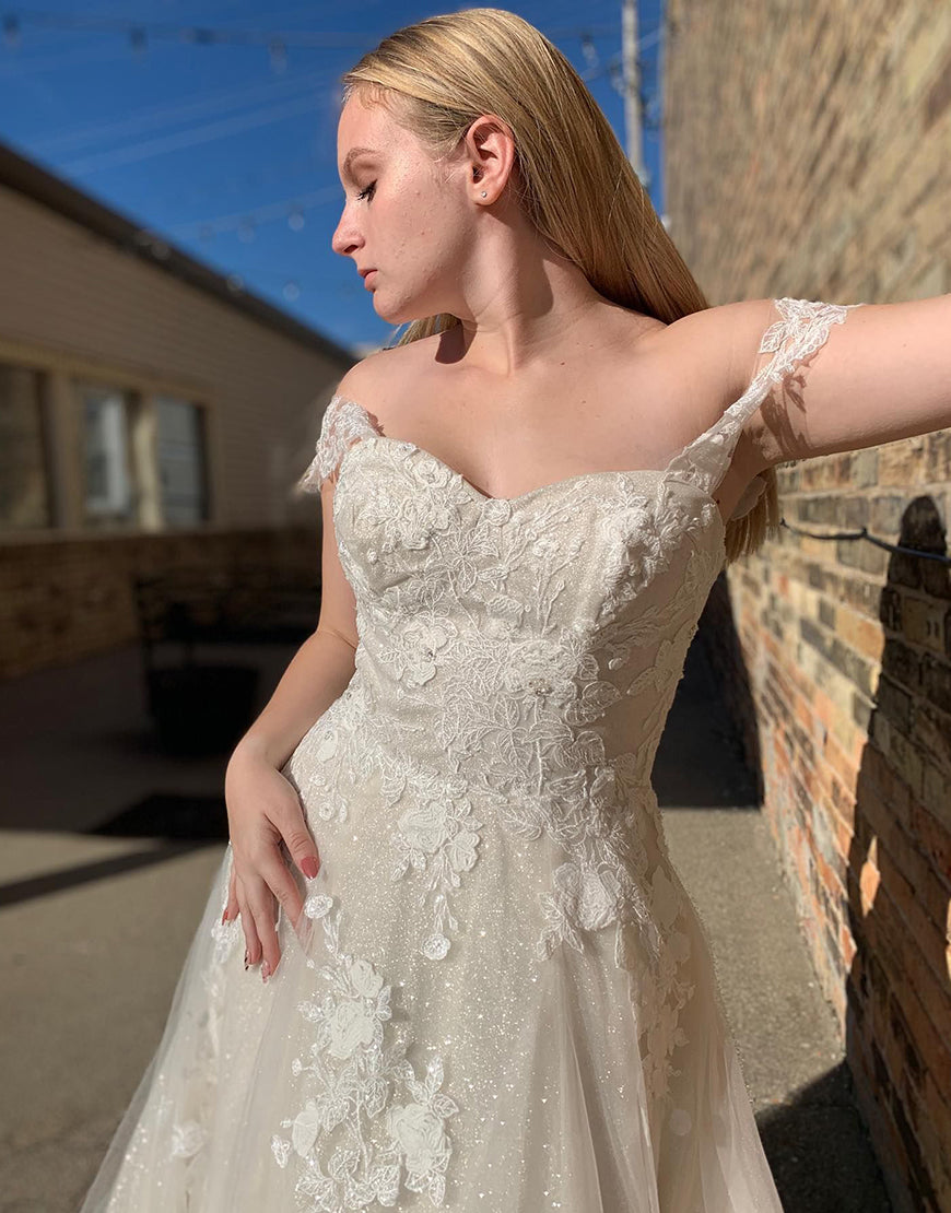 Luolandi Glitter A-Line Off The Shouder Long Wedding Dress with Appliques Beautiful