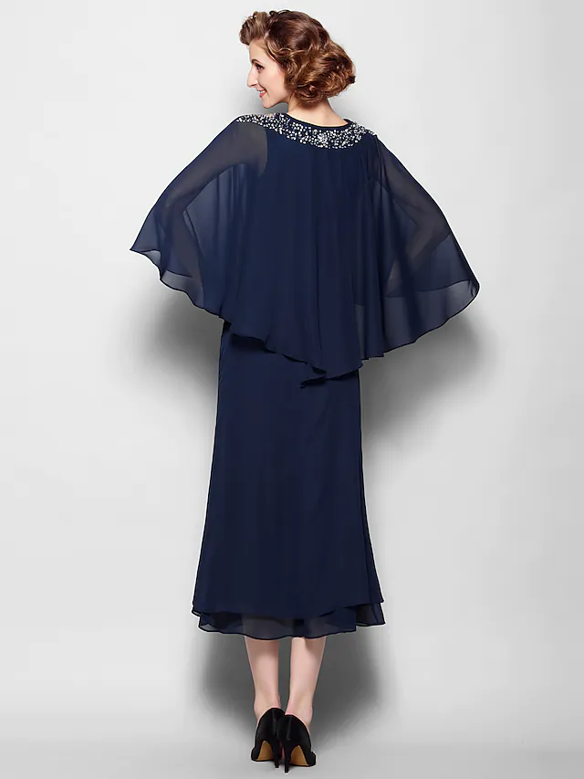Luolandi Mother of the Bride Dress V Neck Tea Length Chiffon 3/4 Length Sleeve with Crystals Beading Dark Navy