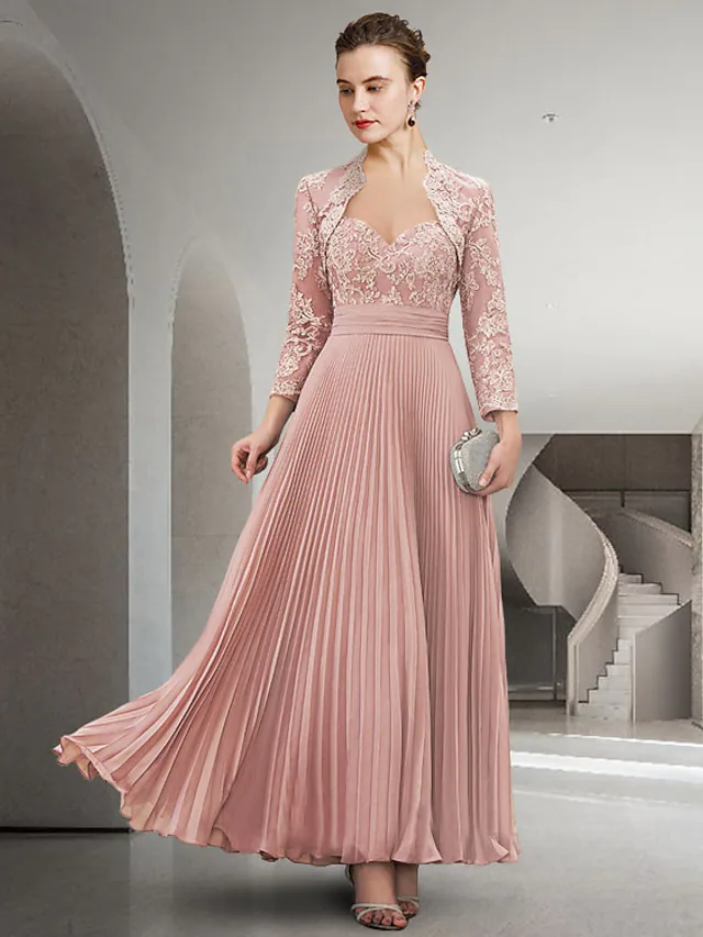 Luolandi Two Piece A-Line Mother of the Bride Dress Elegant Sweetheart Neckline Floor Length Chiffon Lace Long Sleeve with Appliques Dusty Rose