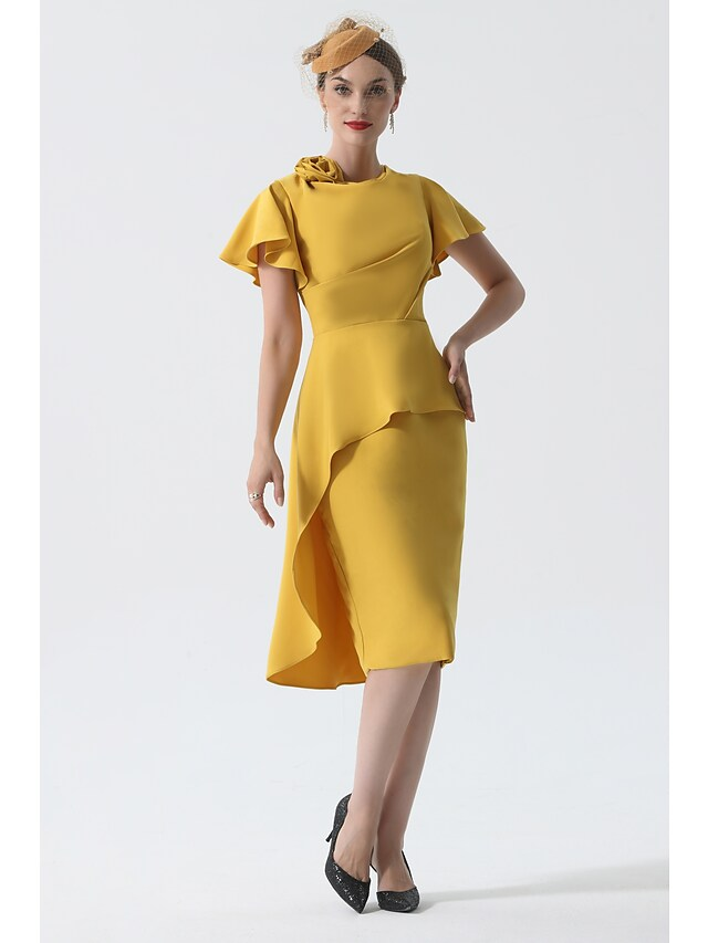 Luolandi Mother of the Bride Dress Elegant Cowl Neck Knee Length Satin Short Sleeve